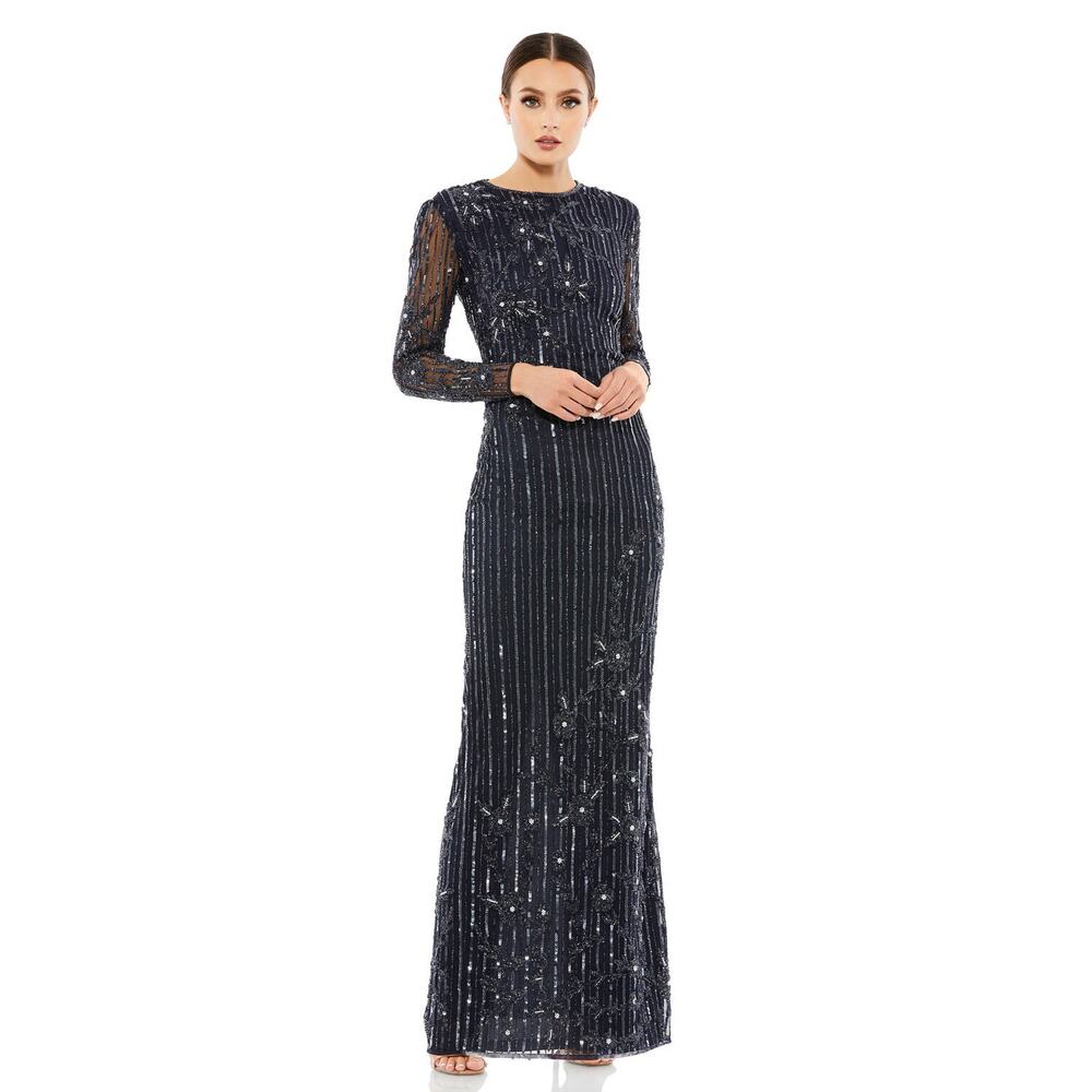 Mac Duggal Navy Embellished Illusion Long Sleeve Formal Gown Plus Sz 24